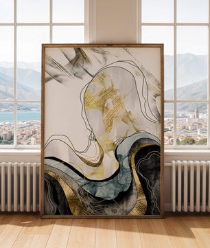 Arte abstracto con líneas fluidas y detalles dorados