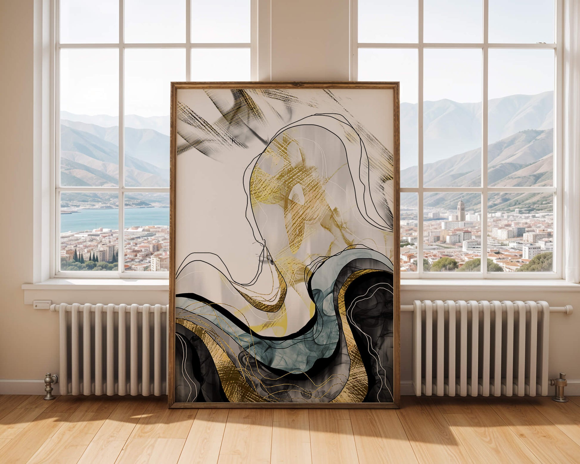 Arte abstracto con líneas fluidas y detalles dorados