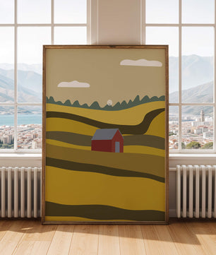 Landscape With Red Barn Amidst Rolling Hills Under Blue Sky