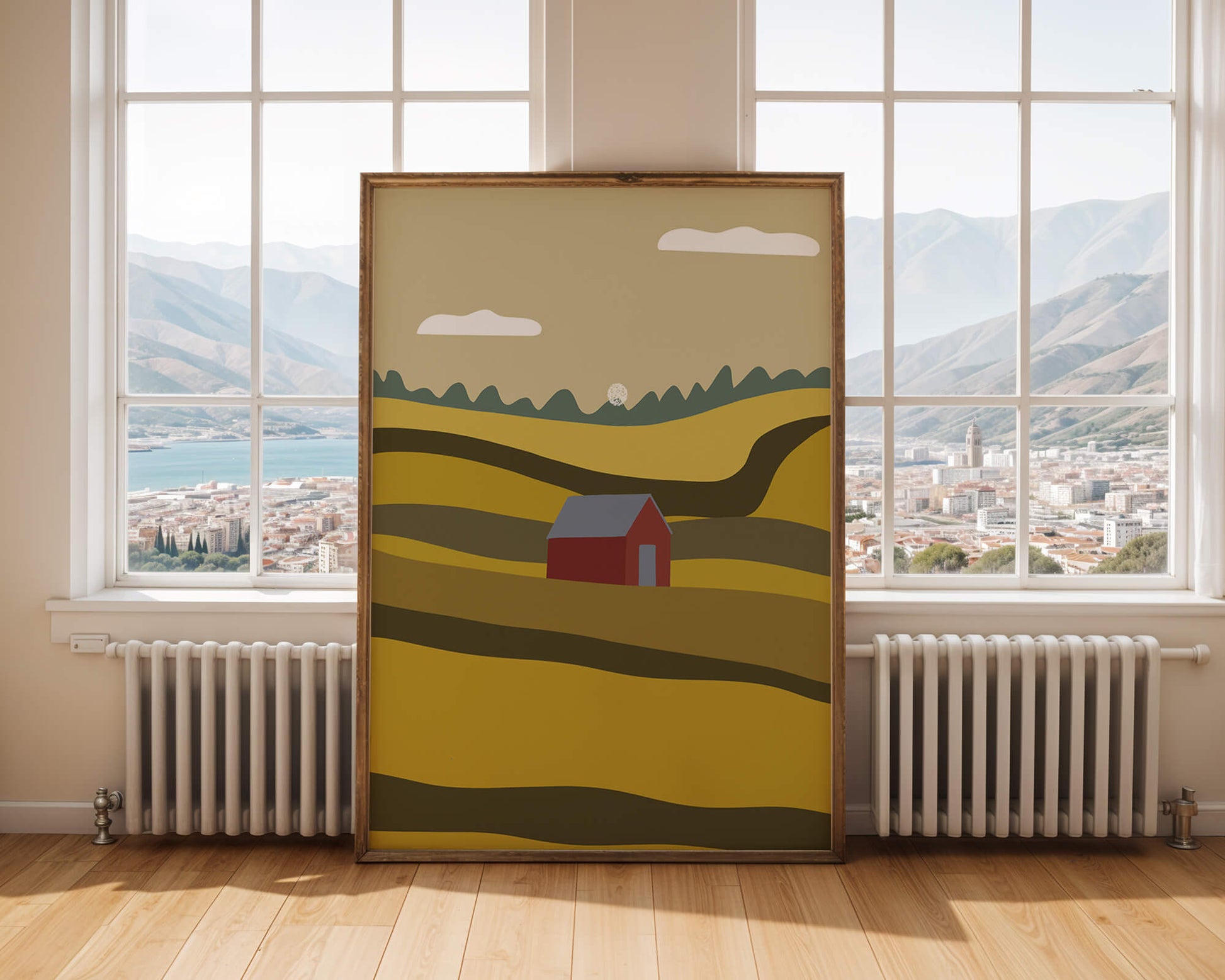 Paisaje con granero rojo entre colinas onduladas bajo un cielo azul