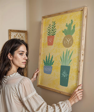 Illustrated potted plants on textured yellow background