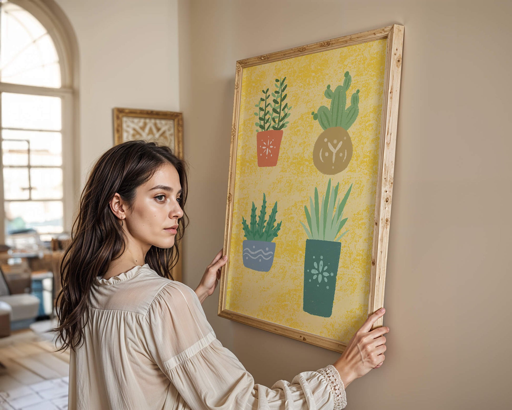 Illustrated potted plants on textured yellow background