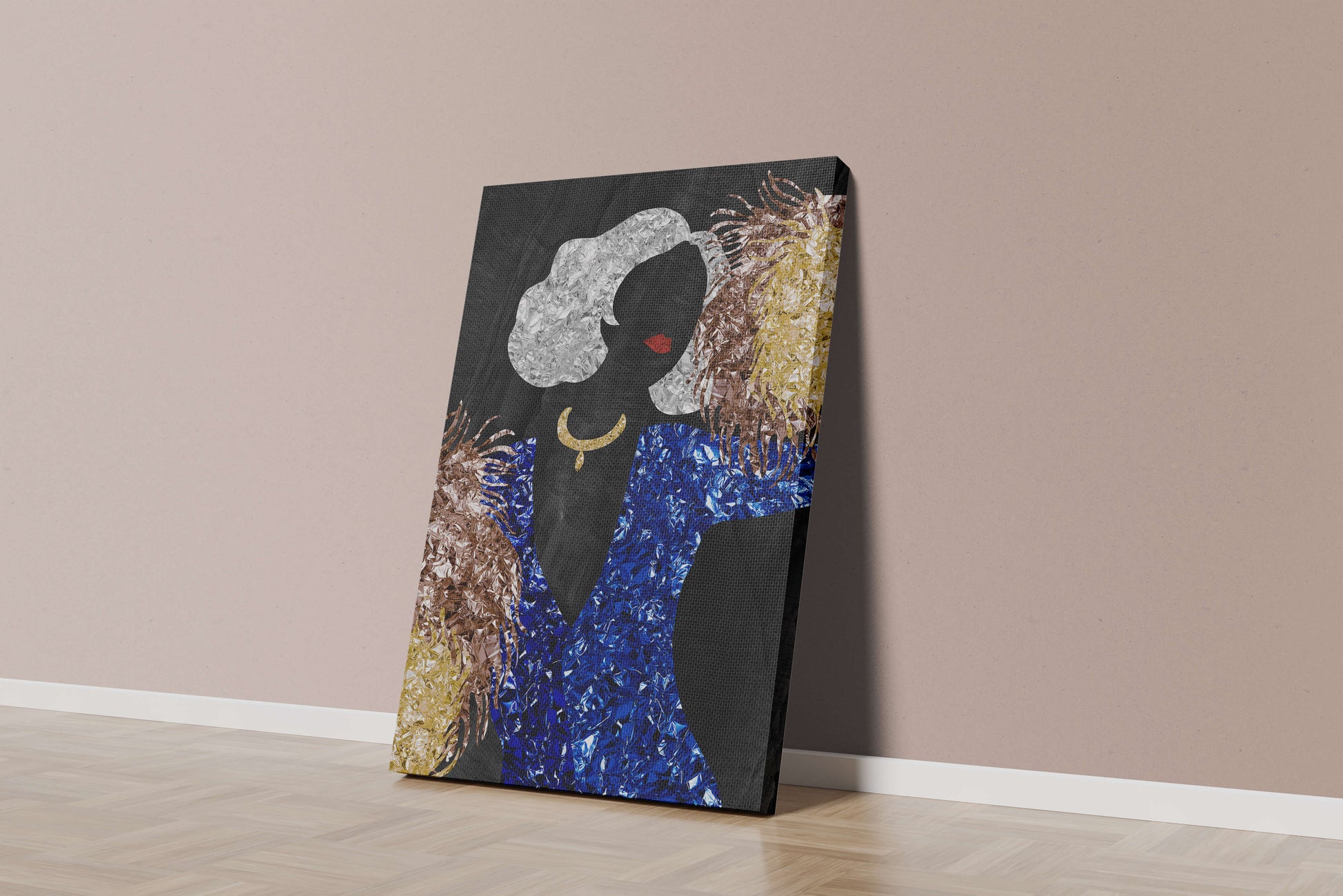 Abstract art with colorful foil textures and silhouette