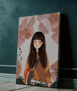 Ilustración de una niña con flores en tonos pasteles suaves