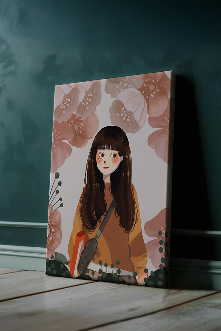 Illustration of girl with flowers in soft pastel hues