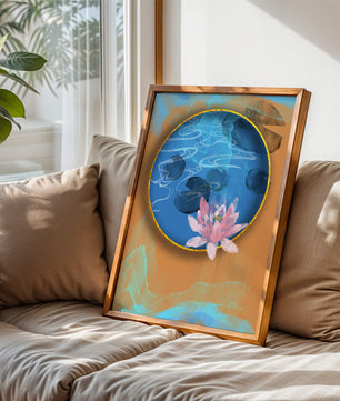 Abstrakte Seerosenkunst mit goldenen Akzenten auf blauem und orangefarbenem Hintergrund