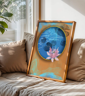 Abstract water lily art with gold accents on blue and orange background