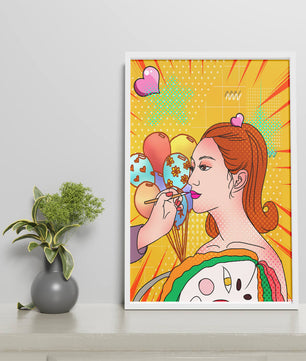 Retrato de mujer en arte pop colorido con globos y patrones vibrantes