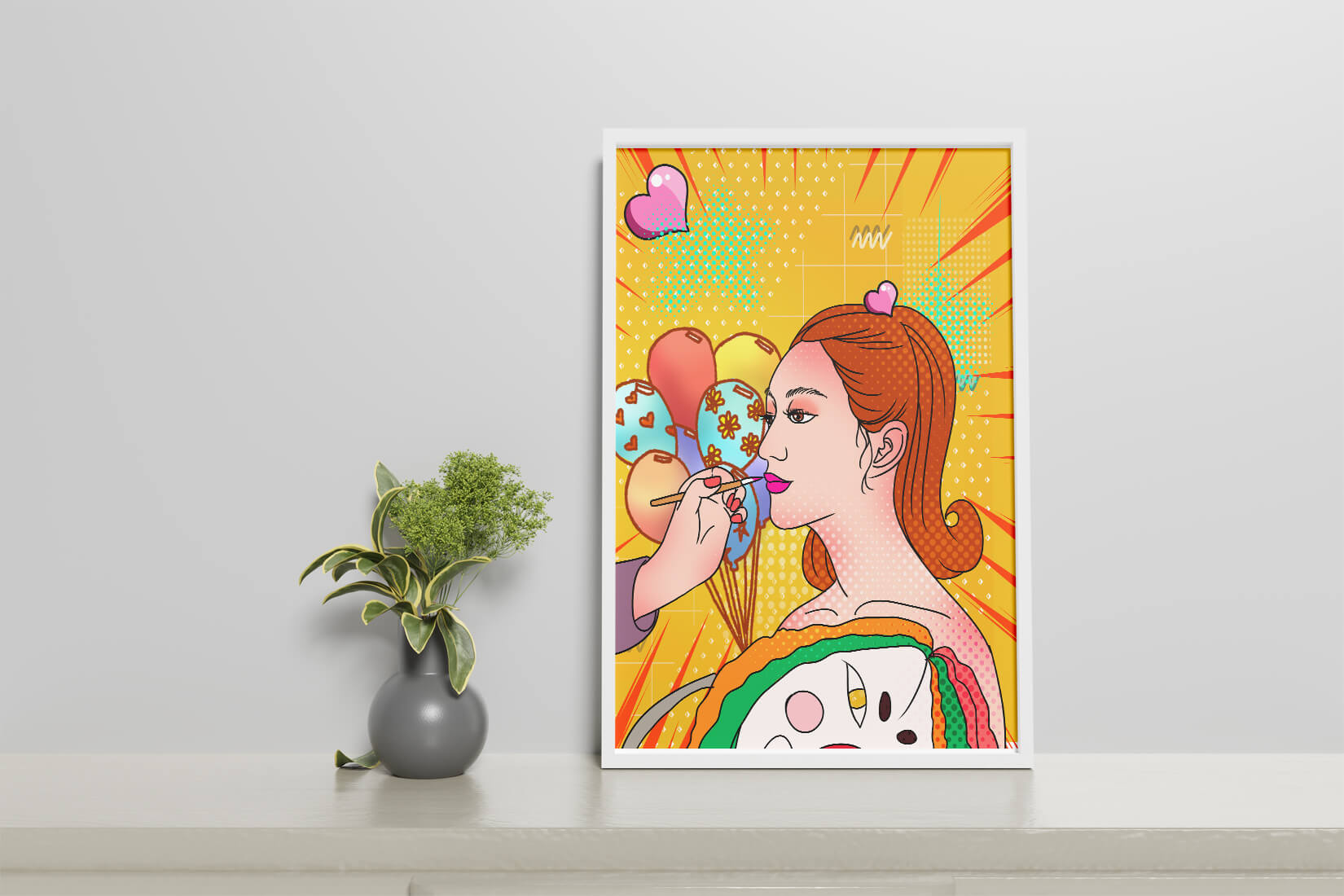 Colorful pop art woman portrait with balloons and vibrant patterns