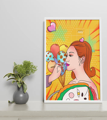 Colorful pop art woman portrait with balloons and vibrant patterns