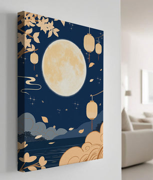 Full Moon Night with Lanterns and Falling Leaves in Tranquil Landscape