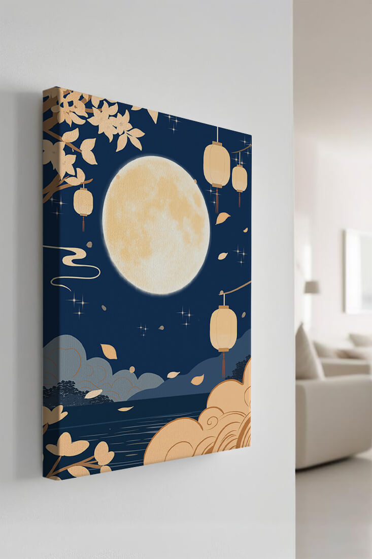 Full Moon Night with Lanterns and Falling Leaves in Tranquil Landscape