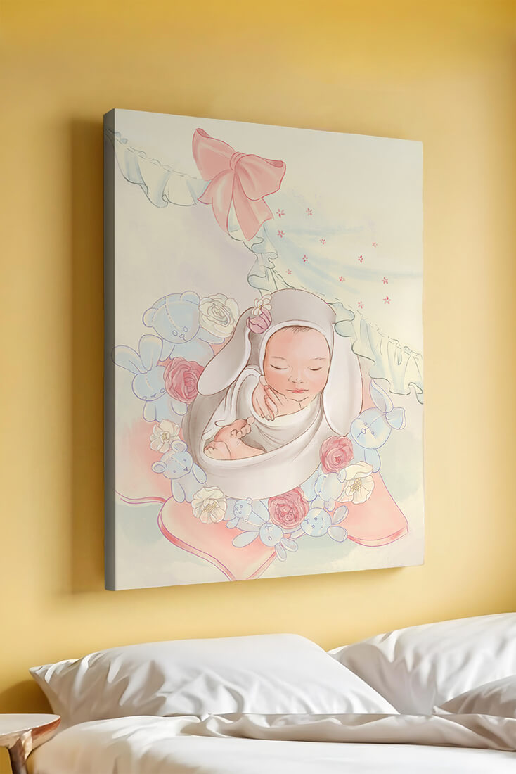 Sweet sleeping baby surrounded by soft pastel decorations