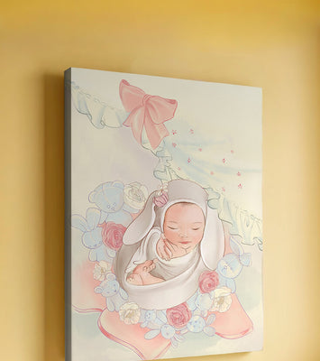 Sweet sleeping baby surrounded by soft pastel decorations