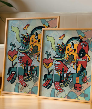 Colorful Abstract Surrealism Art with Intricate Details and Playful Characters