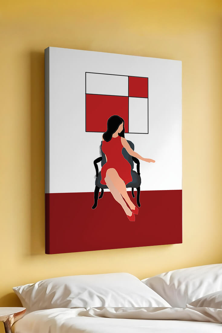 Mujer abstracta en vestido rojo sentada en una silla con arte geométrico en la pared