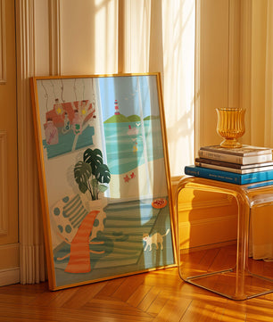 Habitación acogedora con vista al mar y faro a través de la ventana