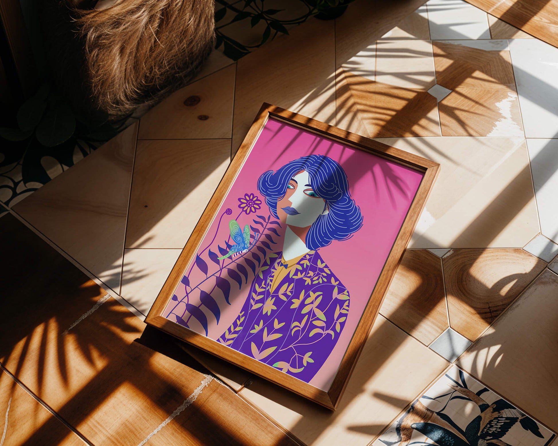 Stylized Portrait of a Woman with Blue Hair and Botanical Pattern