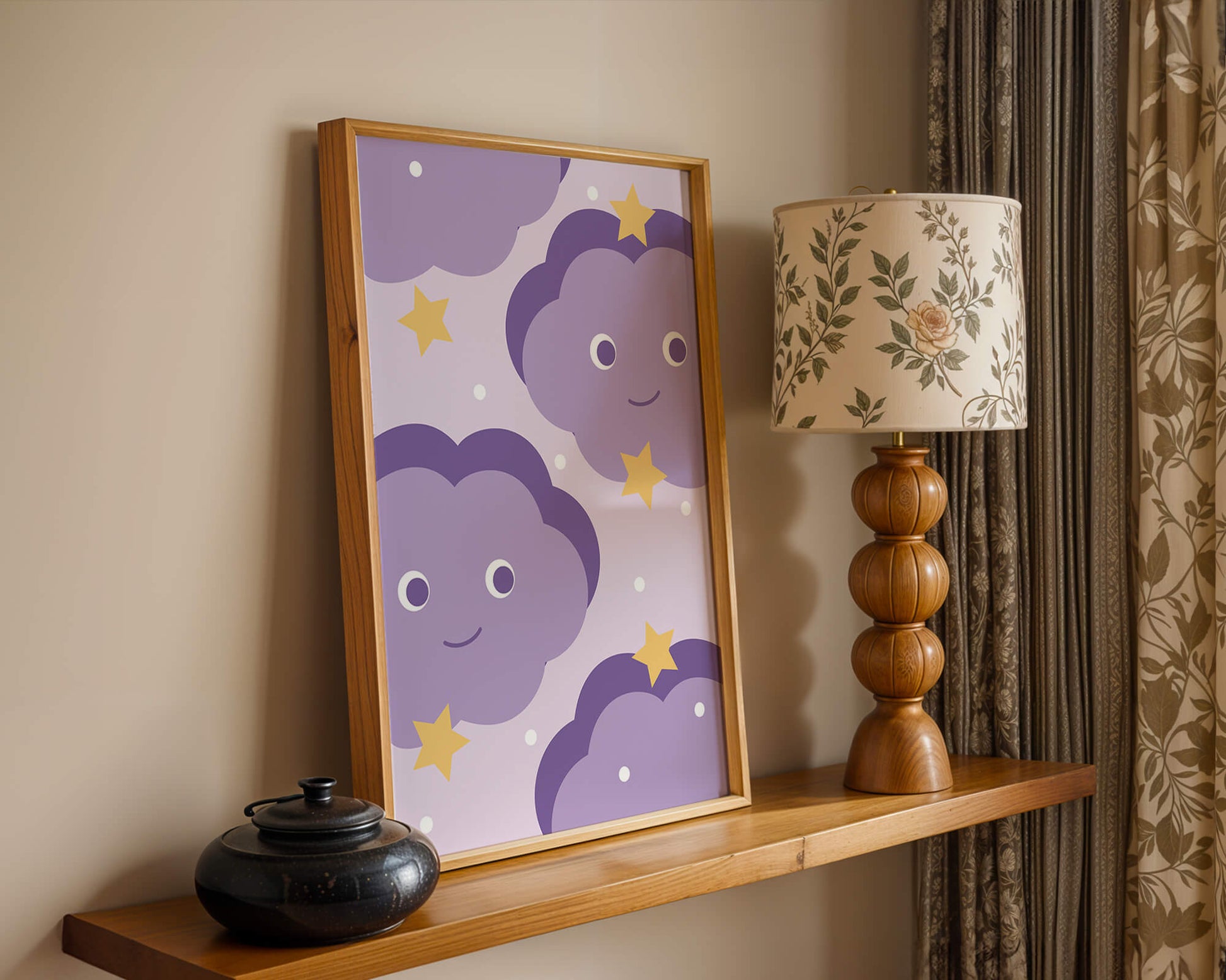 Whimsical purple cloud and star pattern for children's room decor