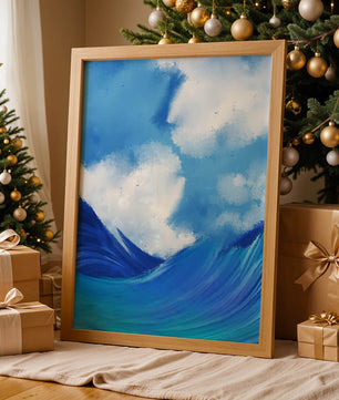Olas oceánicas hermosas bajo un cielo nublado en una obra de arte