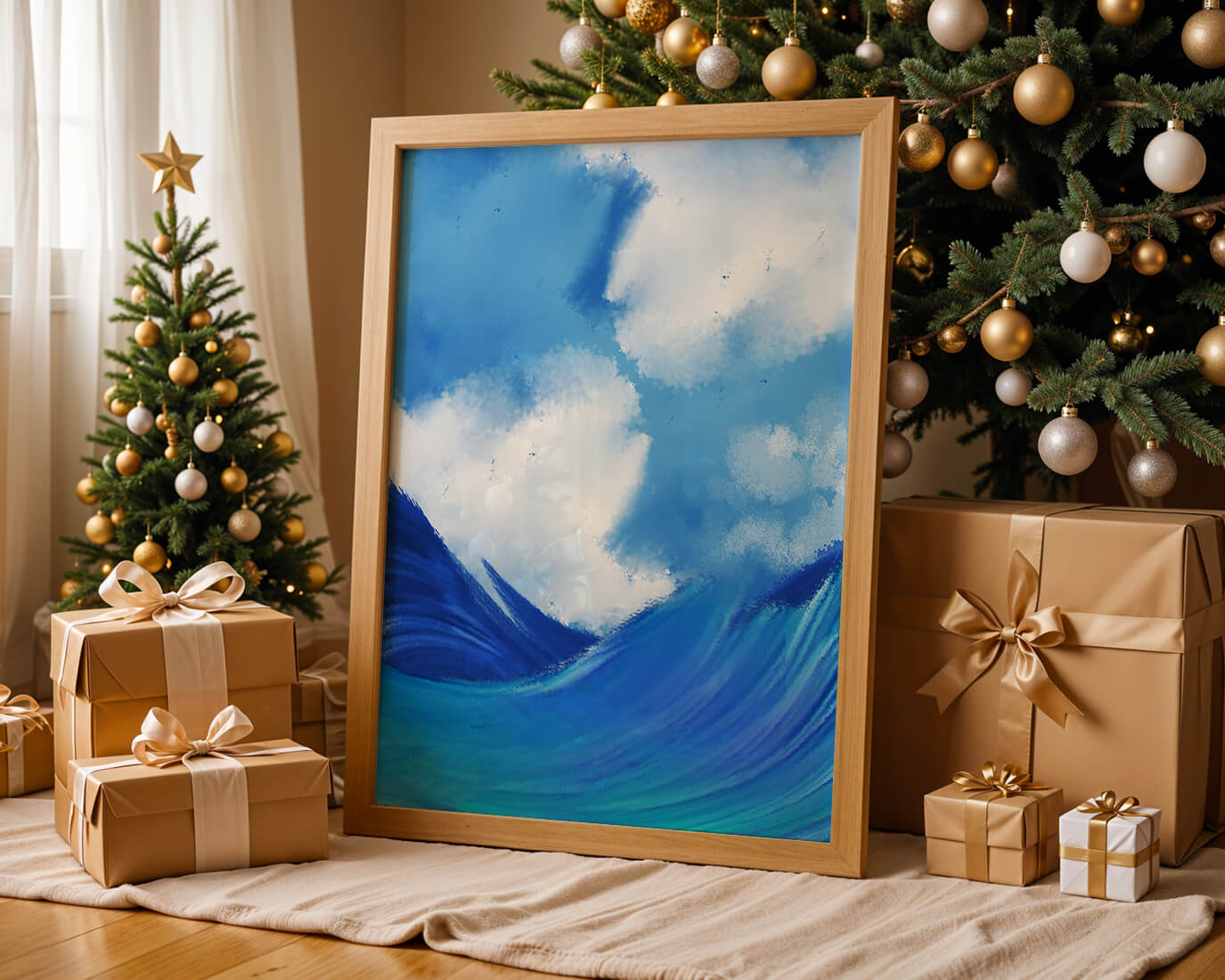 Beautiful ocean waves under a cloudy sky artwork