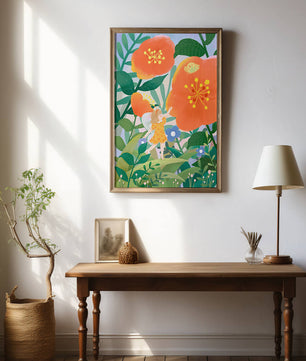 Whimsical illustration of a fairy child in a vibrant floral landscape