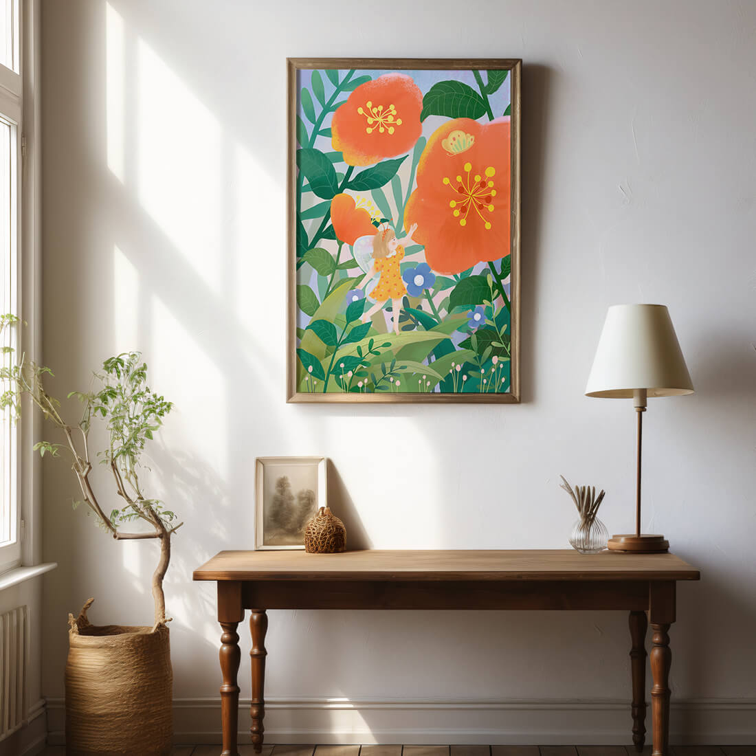 Whimsical illustration of a fairy child in a vibrant floral landscape