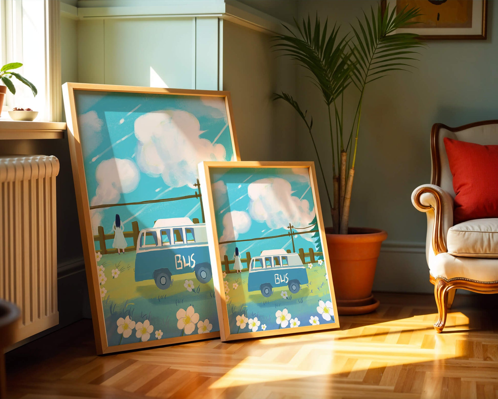 Ilustración escénica con autobús azul y prado en flor