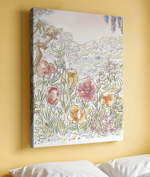 Charming Garden with Bunnies and Blossoming Trees