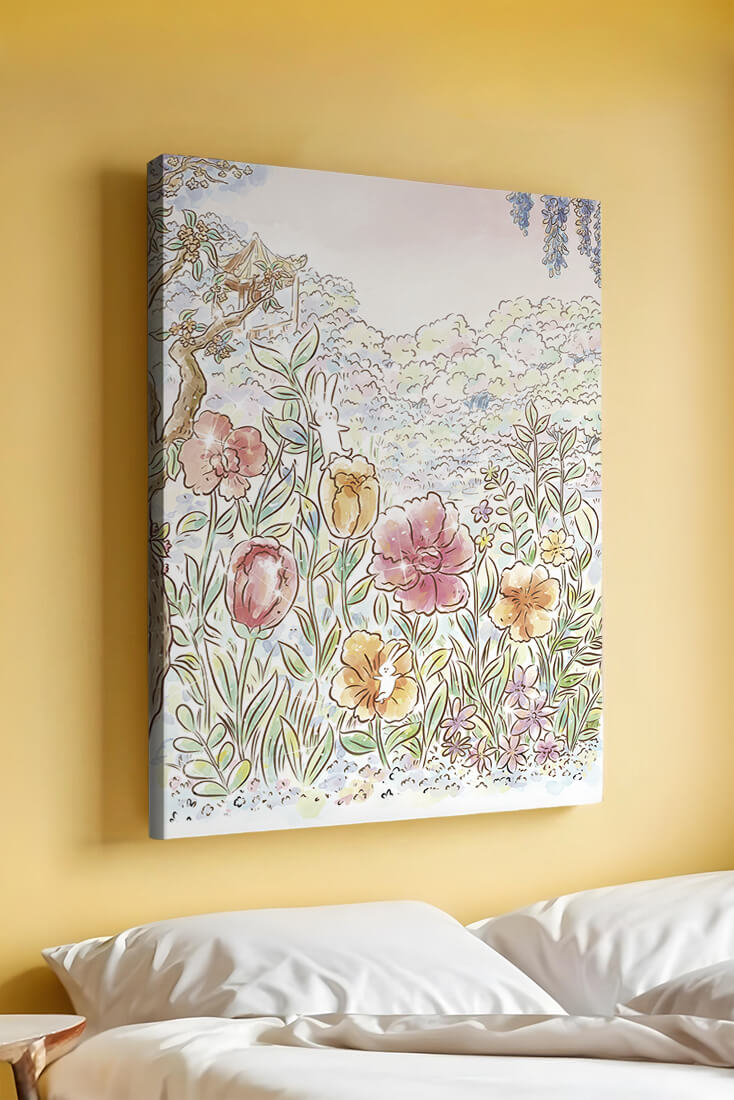 Charming Garden with Bunnies and Blossoming Trees
