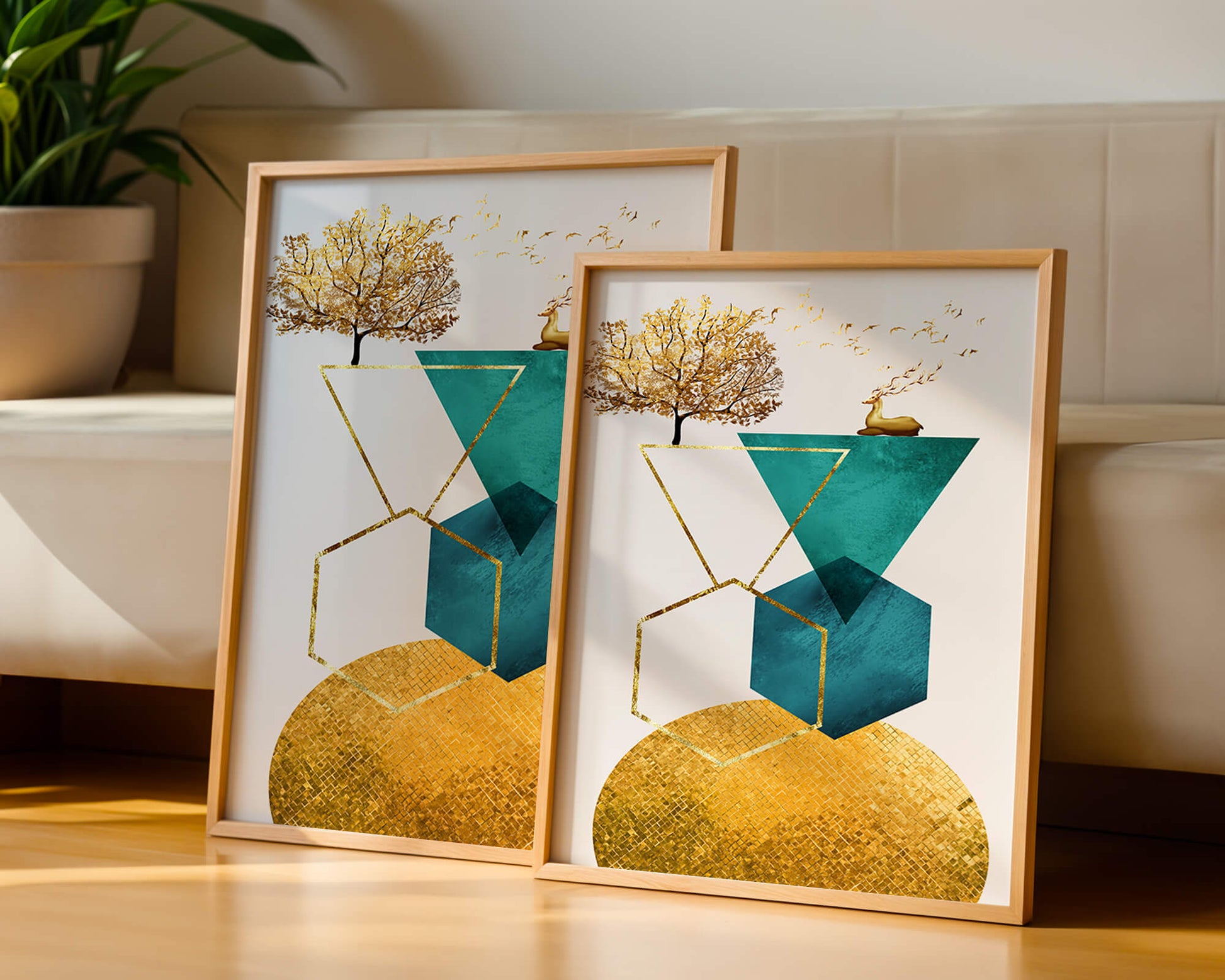 Abstract Geometric Composition with Golden Deer and Tree
