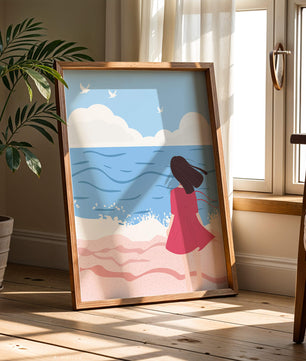 Serene seaside illustration with a girl in a pink dress gazing at the ocean
