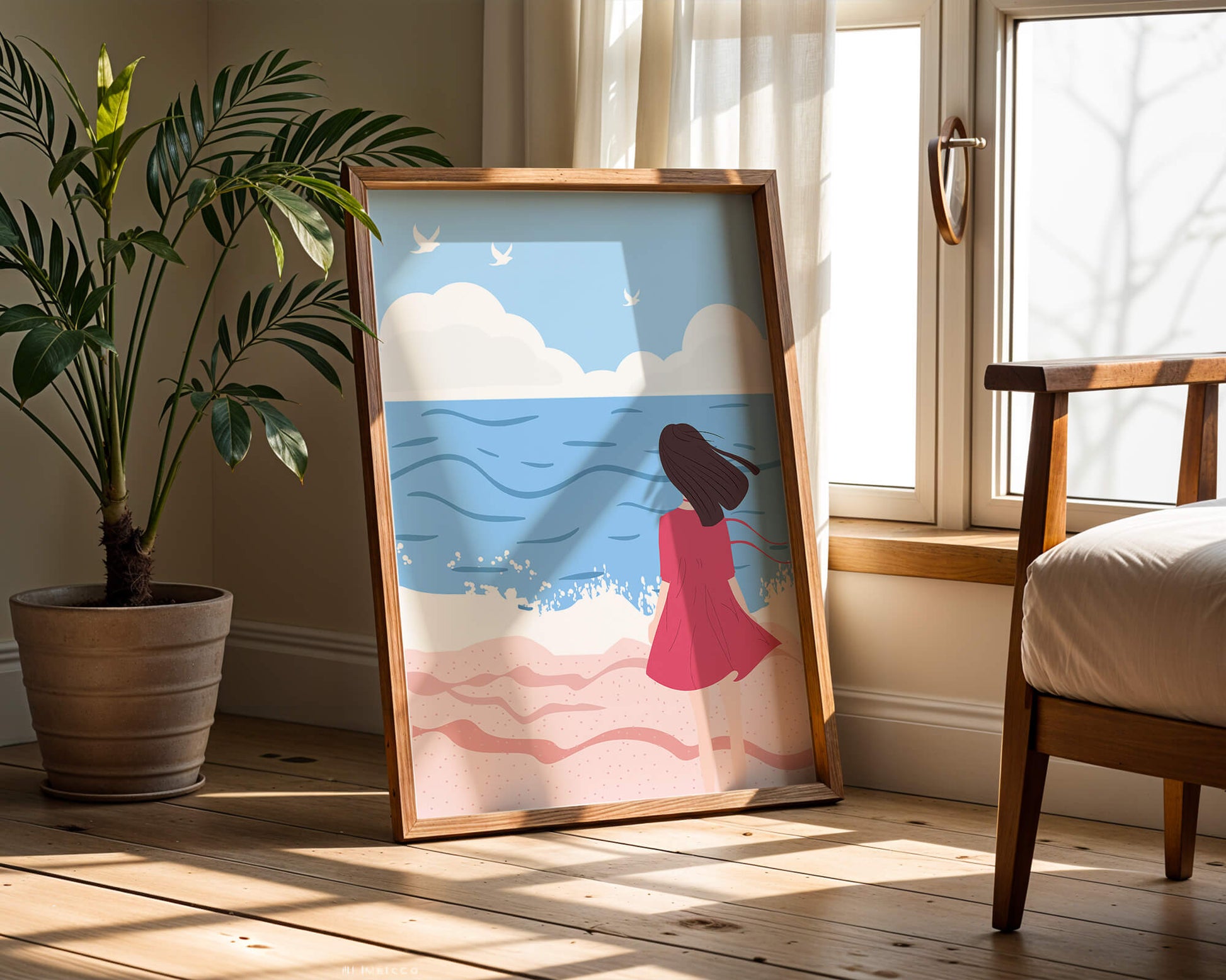 Serene seaside illustration with a girl in a pink dress gazing at the ocean