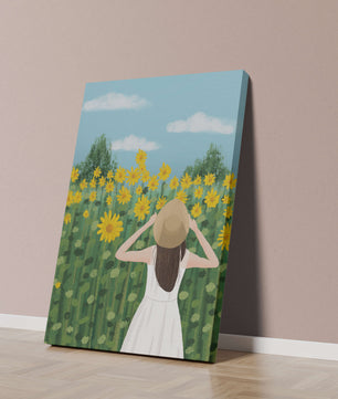 Mujer con vestido blanco admirando un campo de girasoles
