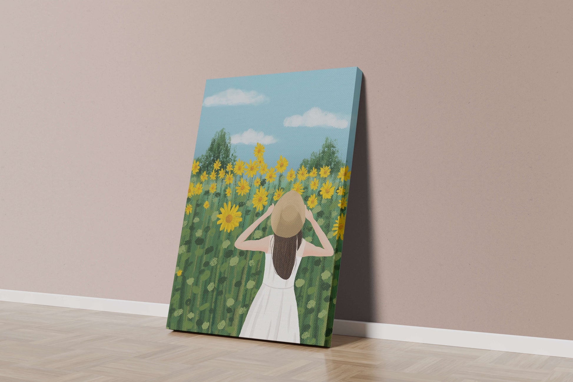 Mujer con vestido blanco admirando un campo de girasoles
