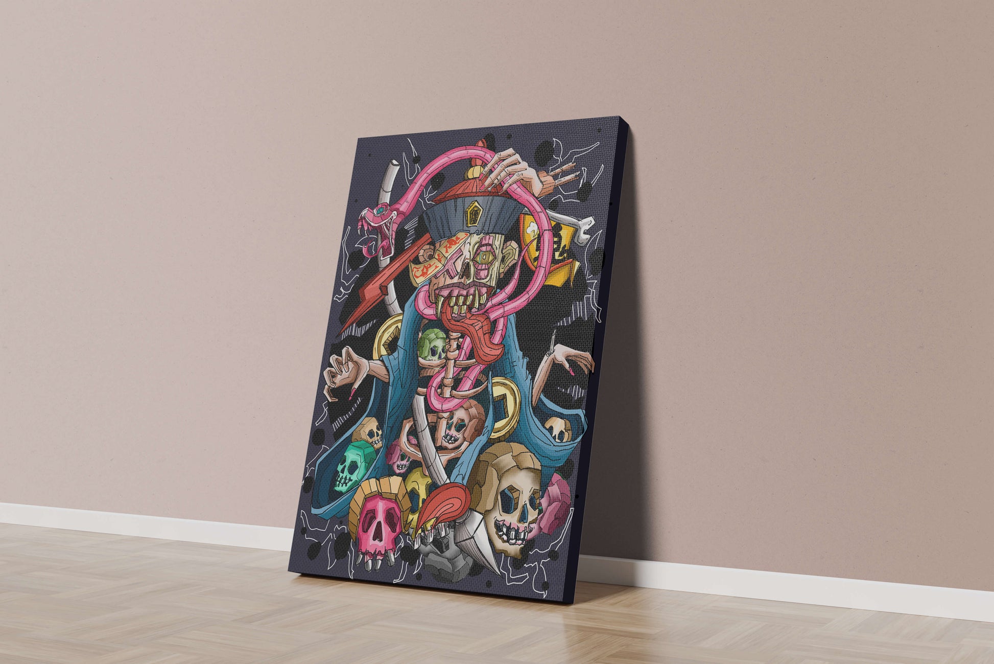Colorful skeleton with skulls and snake illustration