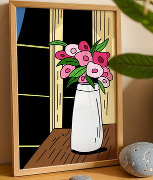 Abstract illustration of flowers in a vase on a wooden table