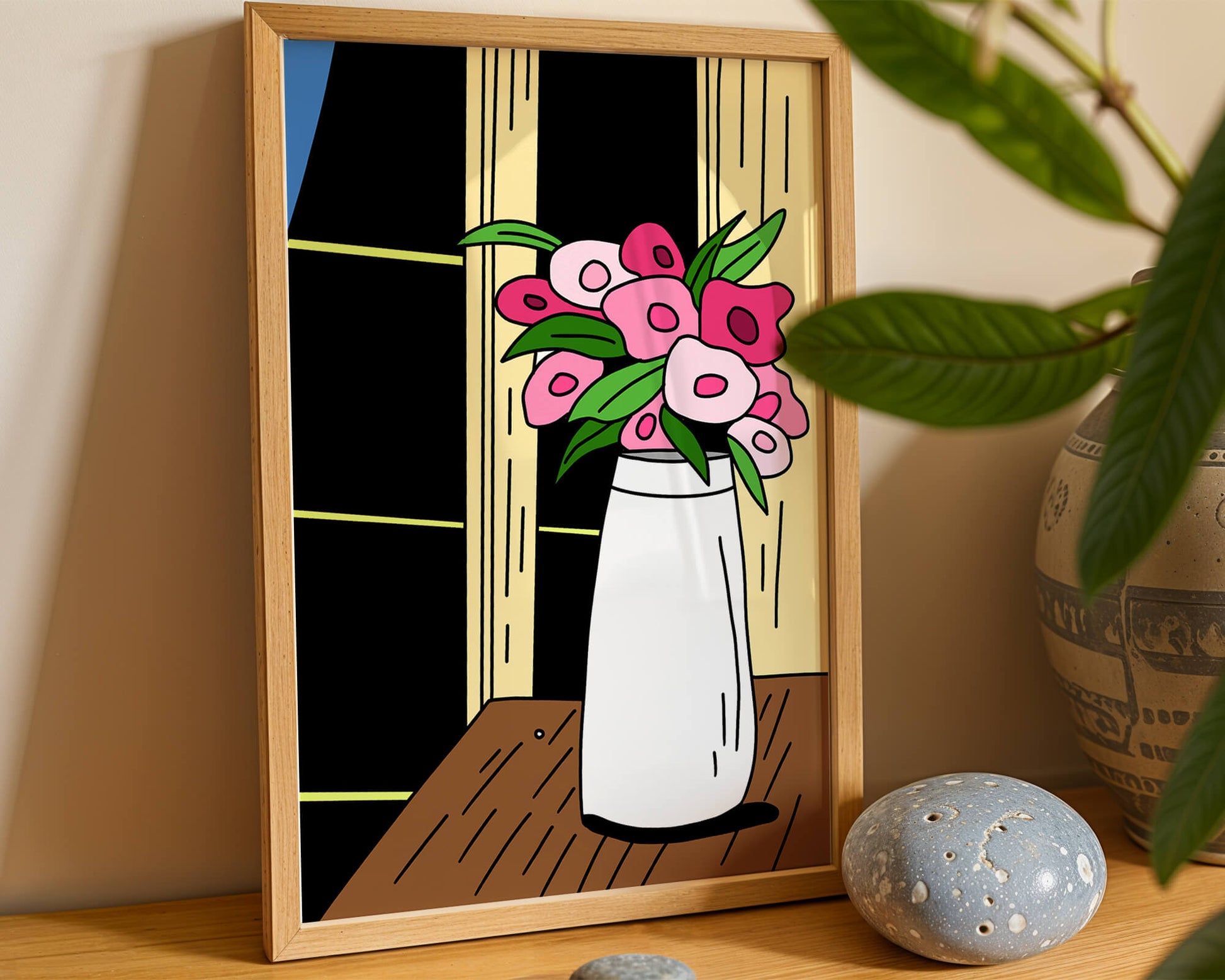 Abstract illustration of flowers in a vase on a wooden table