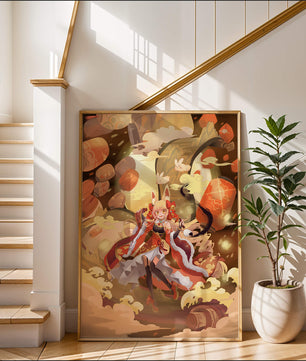 Vibrant fantasy scene with animated character and whimsical creatures