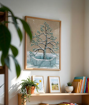 Paisaje invernal con ilustración de árbol bonsái cubierto de nieve