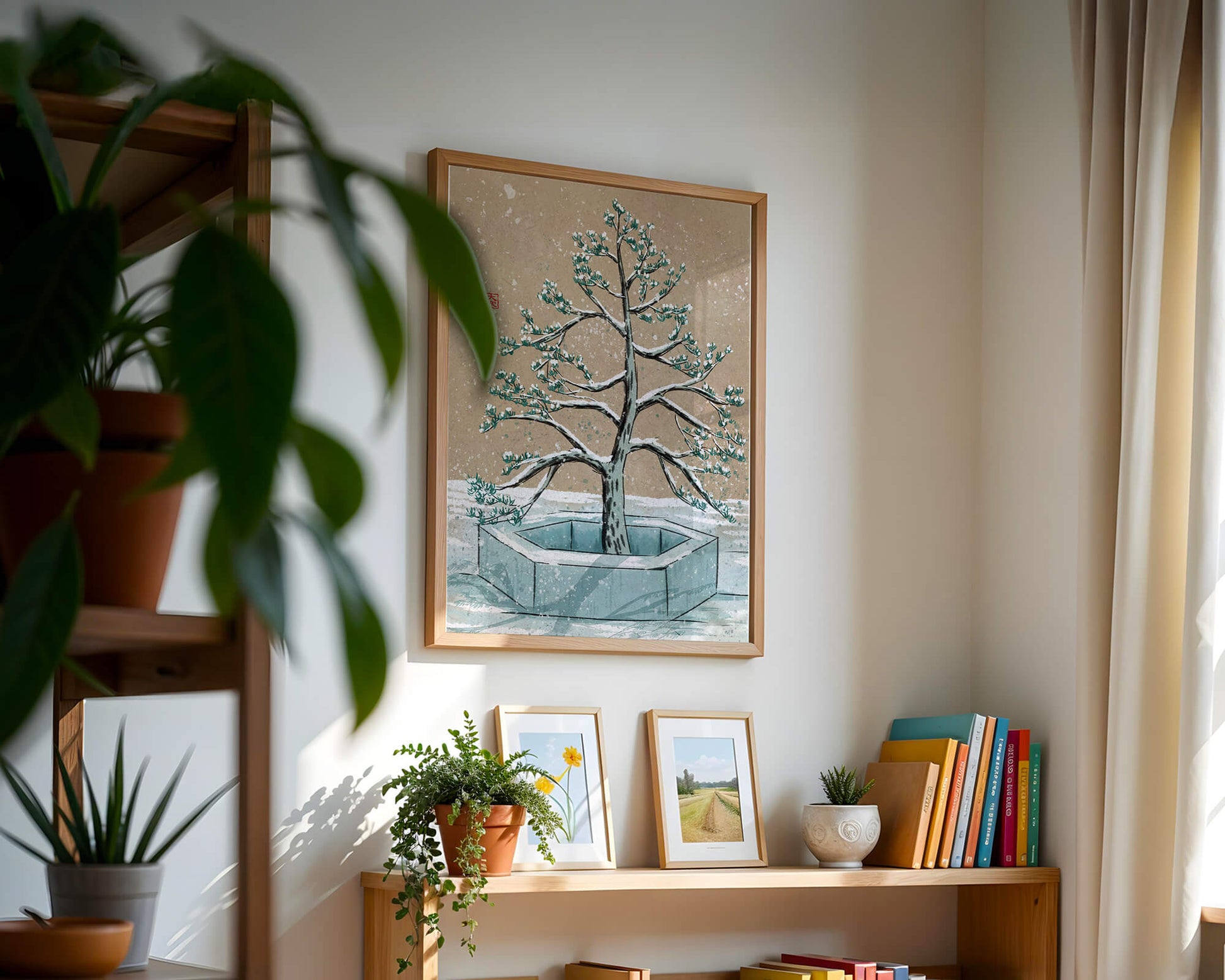 Paisaje invernal con ilustración de árbol bonsái cubierto de nieve