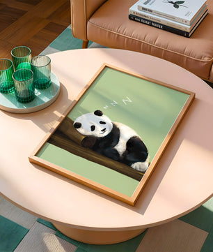 Peaceful panda resting on a log in a serene setting