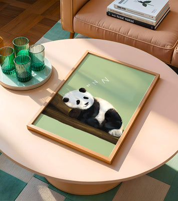 Peaceful panda resting on a log in a serene setting