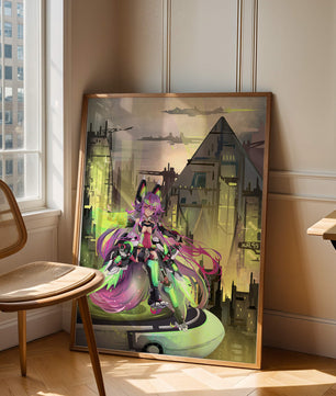 Cyberpunk-Anime-Figur im futuristischen Stadtbild 