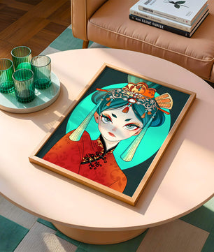Elegant illustration of a woman in traditional attire with intricate headpiece