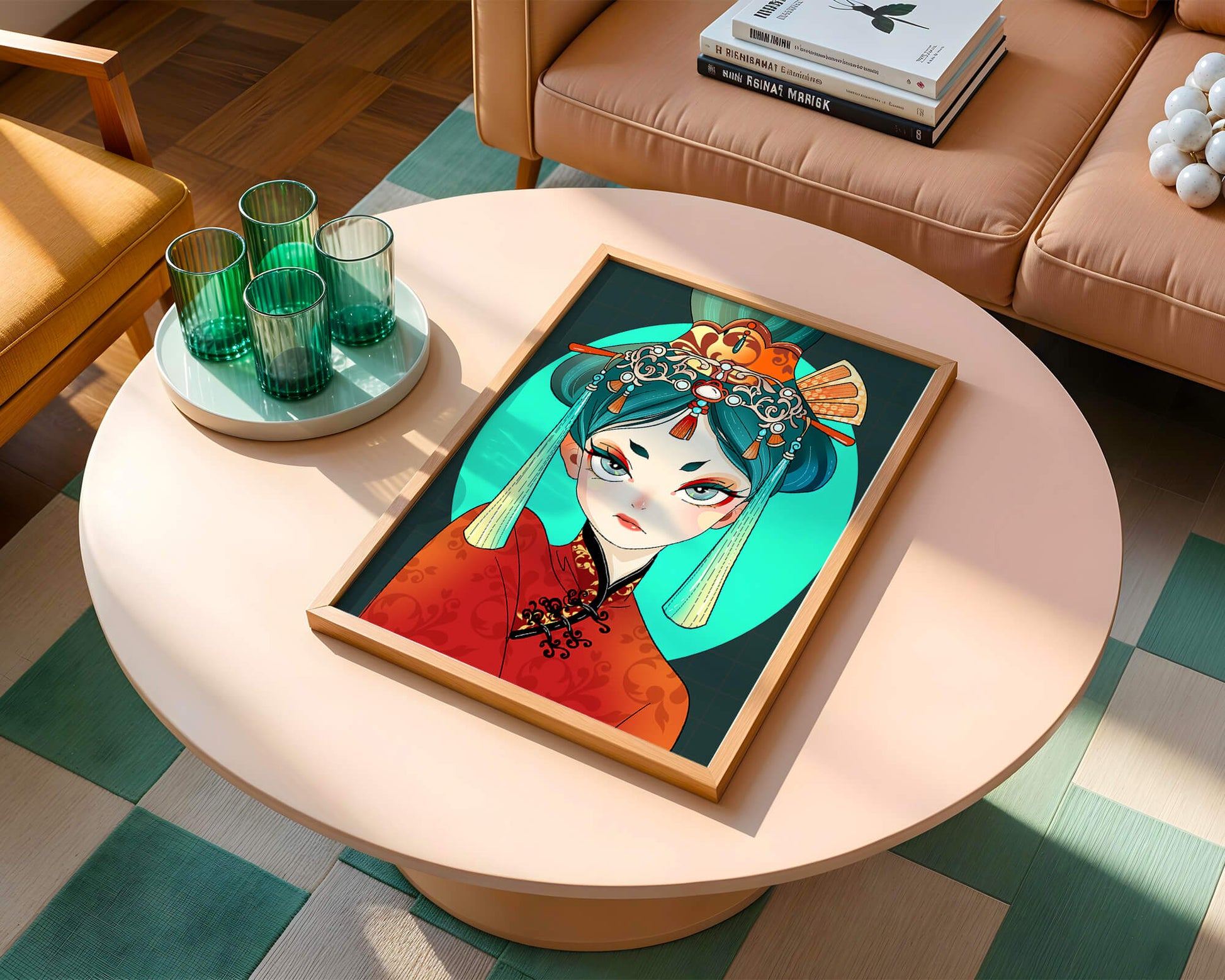 Elegant illustration of a woman in traditional attire with intricate headpiece