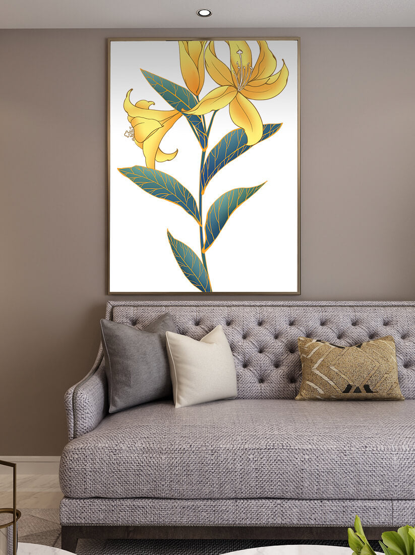 Elegant golden lily illustration with intricate leaf details