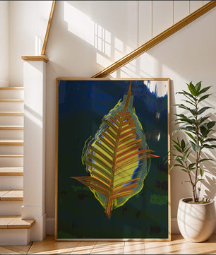 Abstract digital artwork featuring a vibrant multicolored leaf