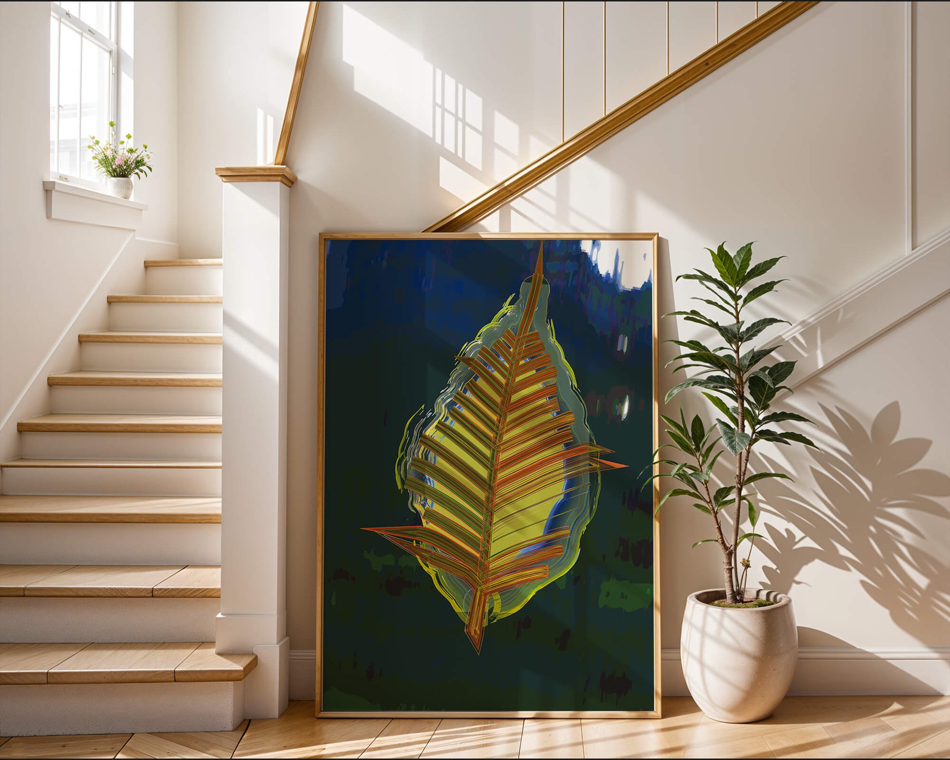 Abstract digital artwork featuring a vibrant multicolored leaf
