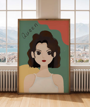 Stylized illustration of a confident woman with abstract background